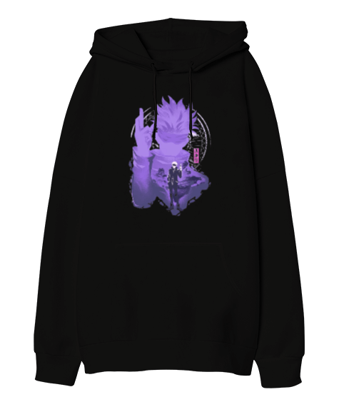Tisho - Jujutsu Kaisen GOJO SATORU Anime Tasarım Baskılı Siyah Oversize Unisex Kapüşonlu Sweatshirt