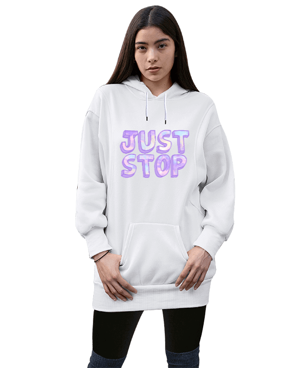 Just Stop Baskılı Kadın Beyaz Uzun Kadın Uzun Hoodie Kapüşonlu Sweatshirt
