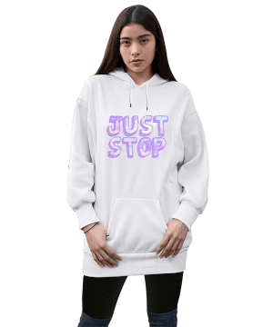Tisho - Just Stop Baskılı Kadın Beyaz Uzun Kadın Uzun Hoodie Kapüşonlu Sweatshirt