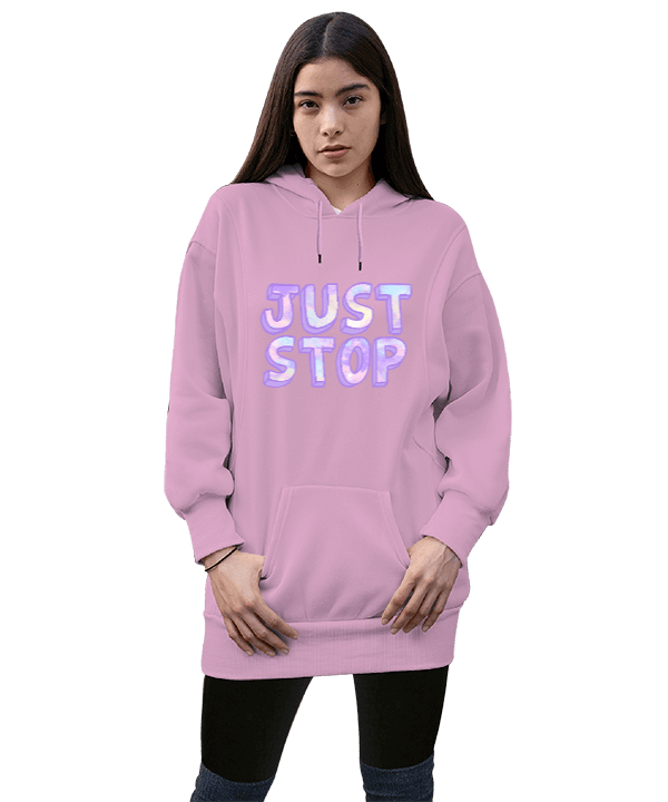 Just Stop Baskılı Kadın Pembe Uzun Kadın Uzun Hoodie Kapüşonlu Sweatshirt