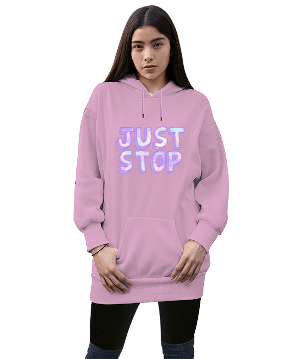 Tisho - Just Stop Baskılı Kadın Pembe Uzun Kadın Uzun Hoodie Kapüşonlu Sweatshirt