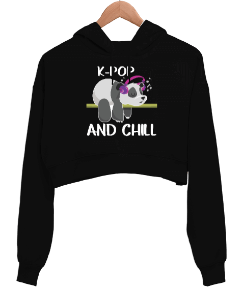 Tisho - K-Pop and Chill Siyah Kadın Crop Hoodie Kapüşonlu Sweatshirt