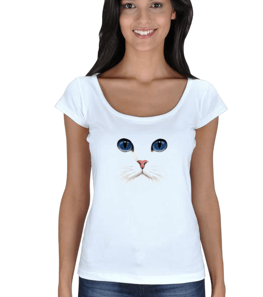 Tisho - Kadın Beyaz Kedi Tişört Kadın Açık Yaka