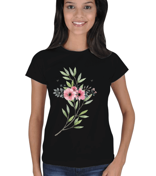Tisho - Kadın Çiçekli Siyah T-shirt Kadın Tişört