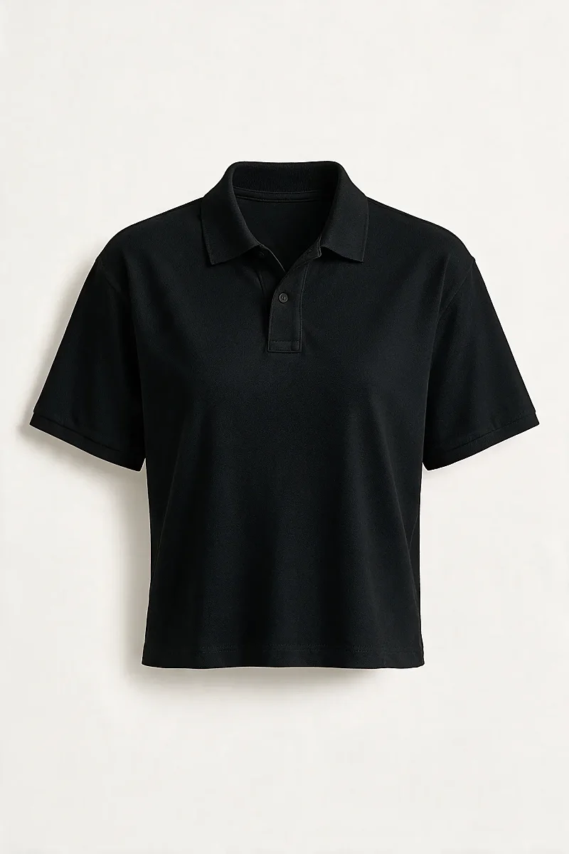 Kadın Crop Polo Yaka Tişört Siyah