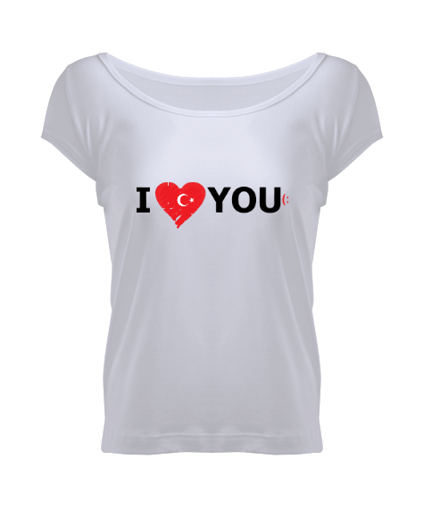 Tisho - Kadın Geniş Yaka Tişört - I love you Baskılı Kadın Geniş Yaka Tişört