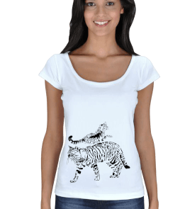 Tisho - Kadın Kısa Kol Desenli Tshirt Kadın Açık Yaka