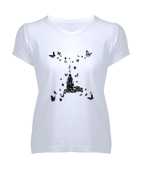 Tisho - Kadın Kısa Kol Desenli Tshirt Kadın Tişört Kadın V Yaka Tişört