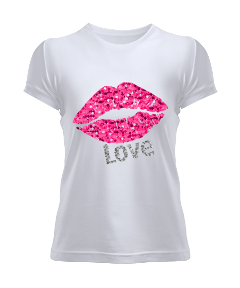 Tisho - Kadın Kısa Kol Öpücük Desenli ve Love Yazılı Tshirt Kadın Tişört Kadın Tişört