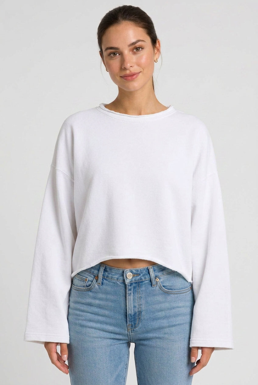 Kadın Oversize Crop Sweatshirt %100 Pamuk - Tek Beden - Beyaz - 