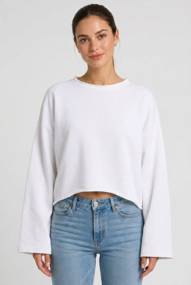 Kadın Oversize Crop Sweatshirt %100 Pamuk - Tek Beden - Beyaz - 