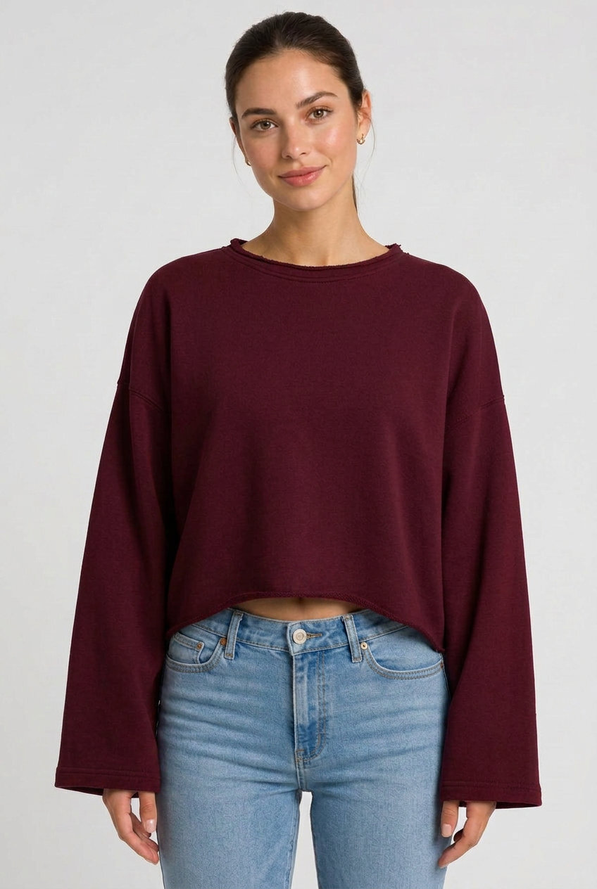 Kadın Oversize Crop Sweatshirt %100 Pamuk - Tek Beden - Bordo - 