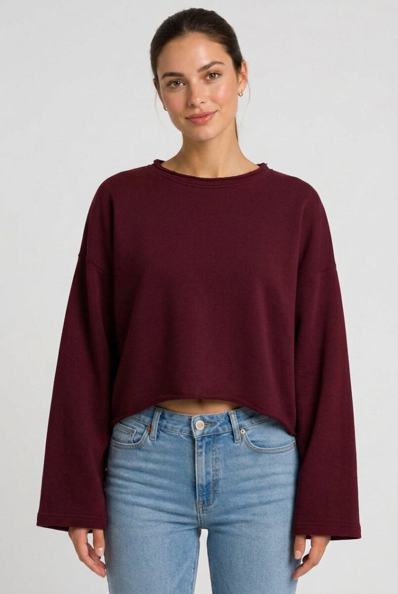 Kadın Oversize Crop Sweatshirt %100 Pamuk - Tek Beden - Bordo - 