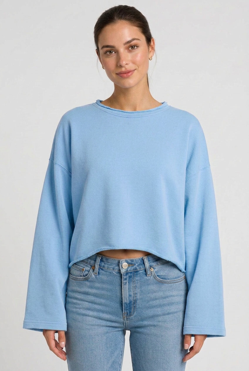 Kadın Oversize Crop Sweatshirt %100 Pamuk - Tek Beden - Buz Mavisi - 