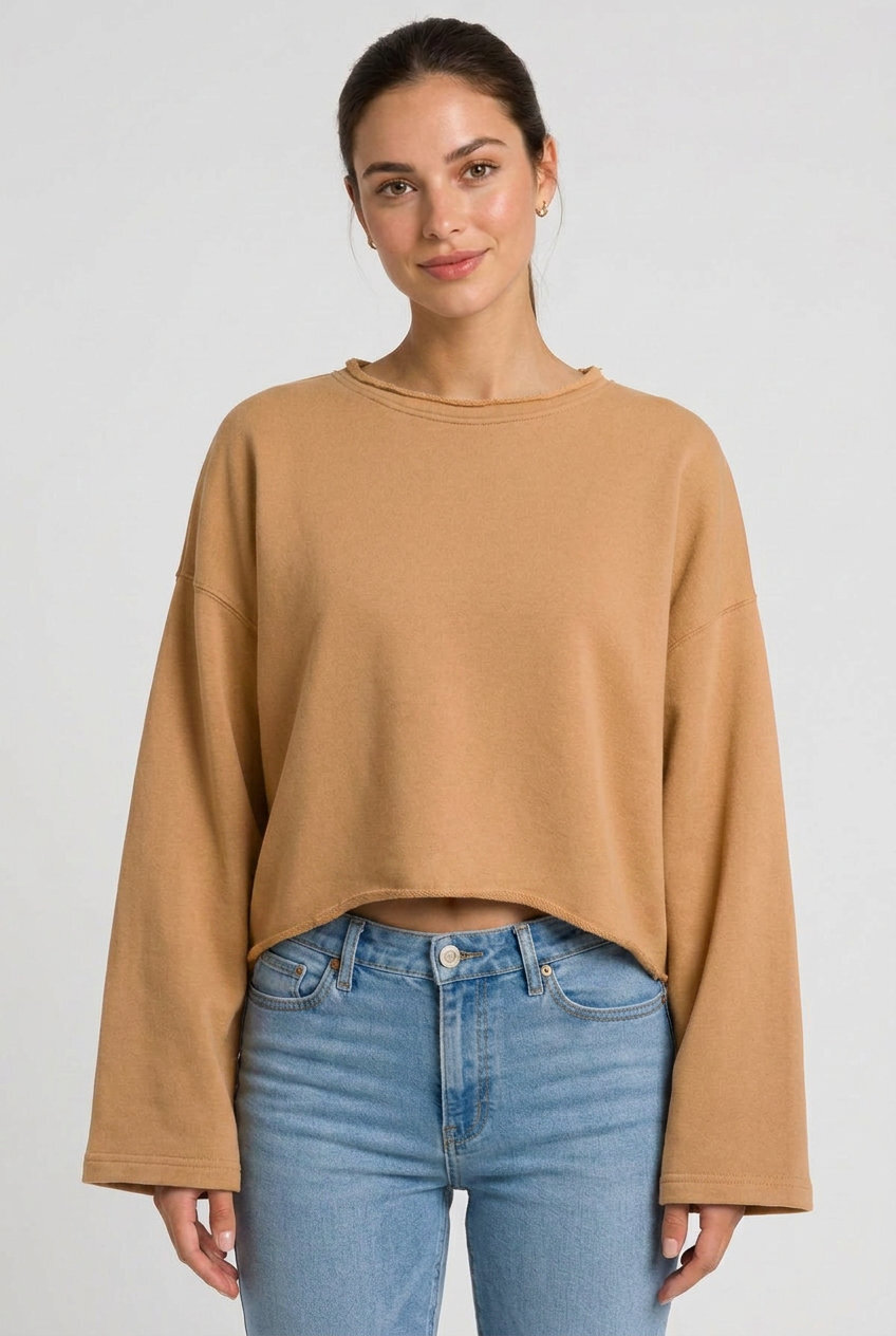 Kadın Oversize Crop Sweatshirt %100 Pamuk - Tek Beden - Camel - 