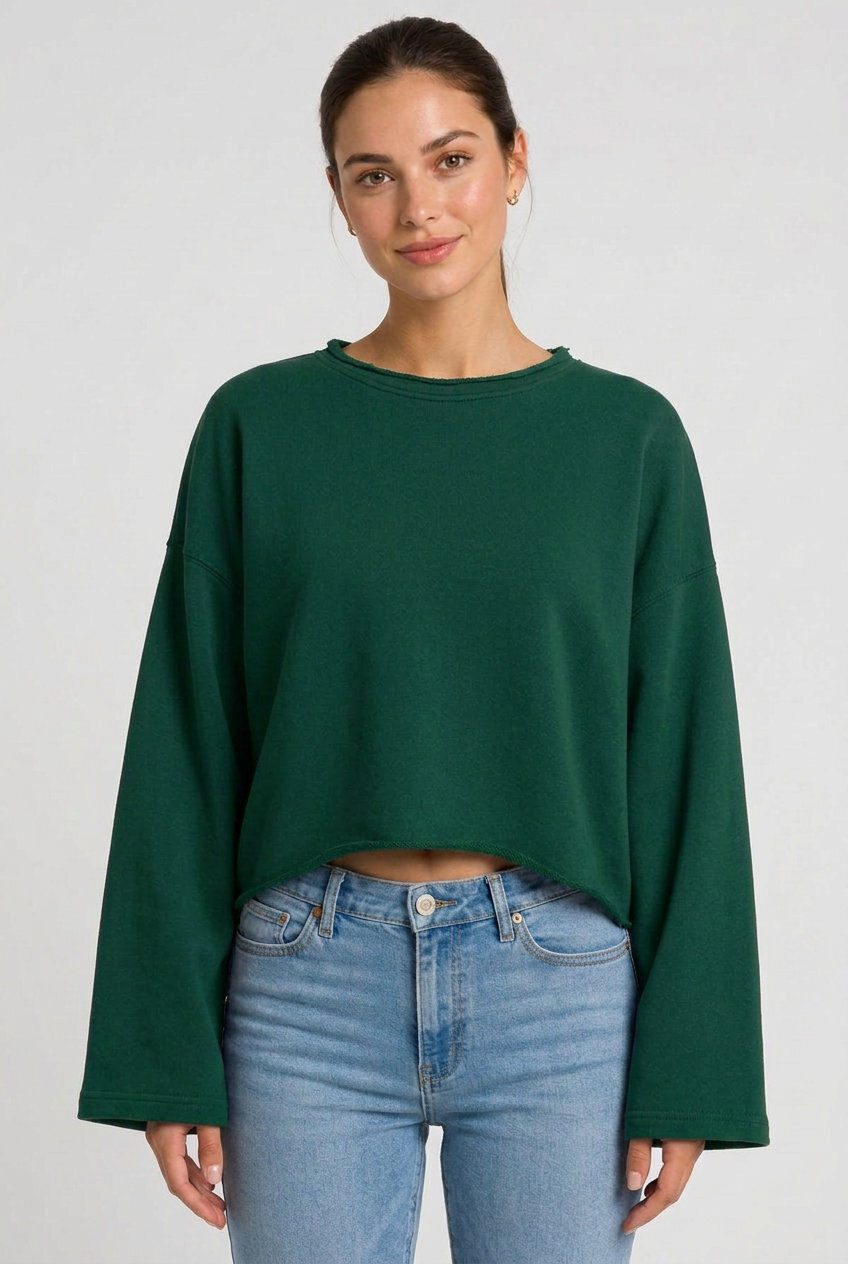 Kadın Oversize Crop Sweatshirt %100 Pamuk - Tek Beden - Çimen Yeşili - 