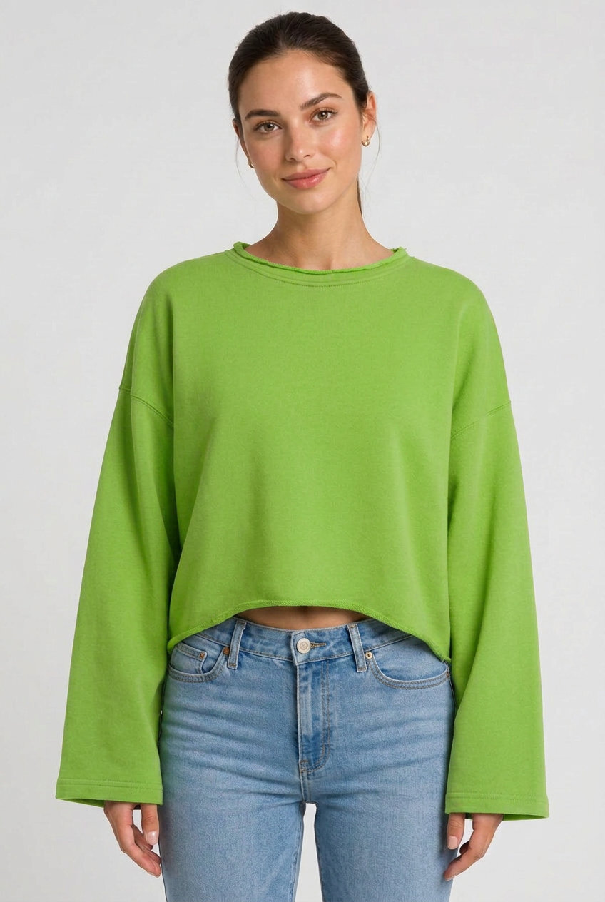 Kadın Oversize Crop Sweatshirt %100 Pamuk - Tek Beden - Fıstık Yeşili - 