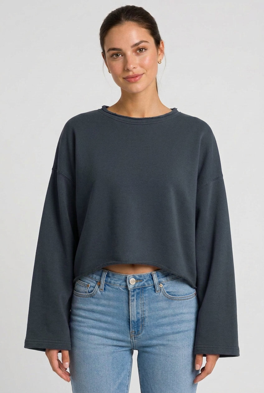 Kadın Oversize Crop Sweatshirt %100 Pamuk - Tek Beden - Füme - 