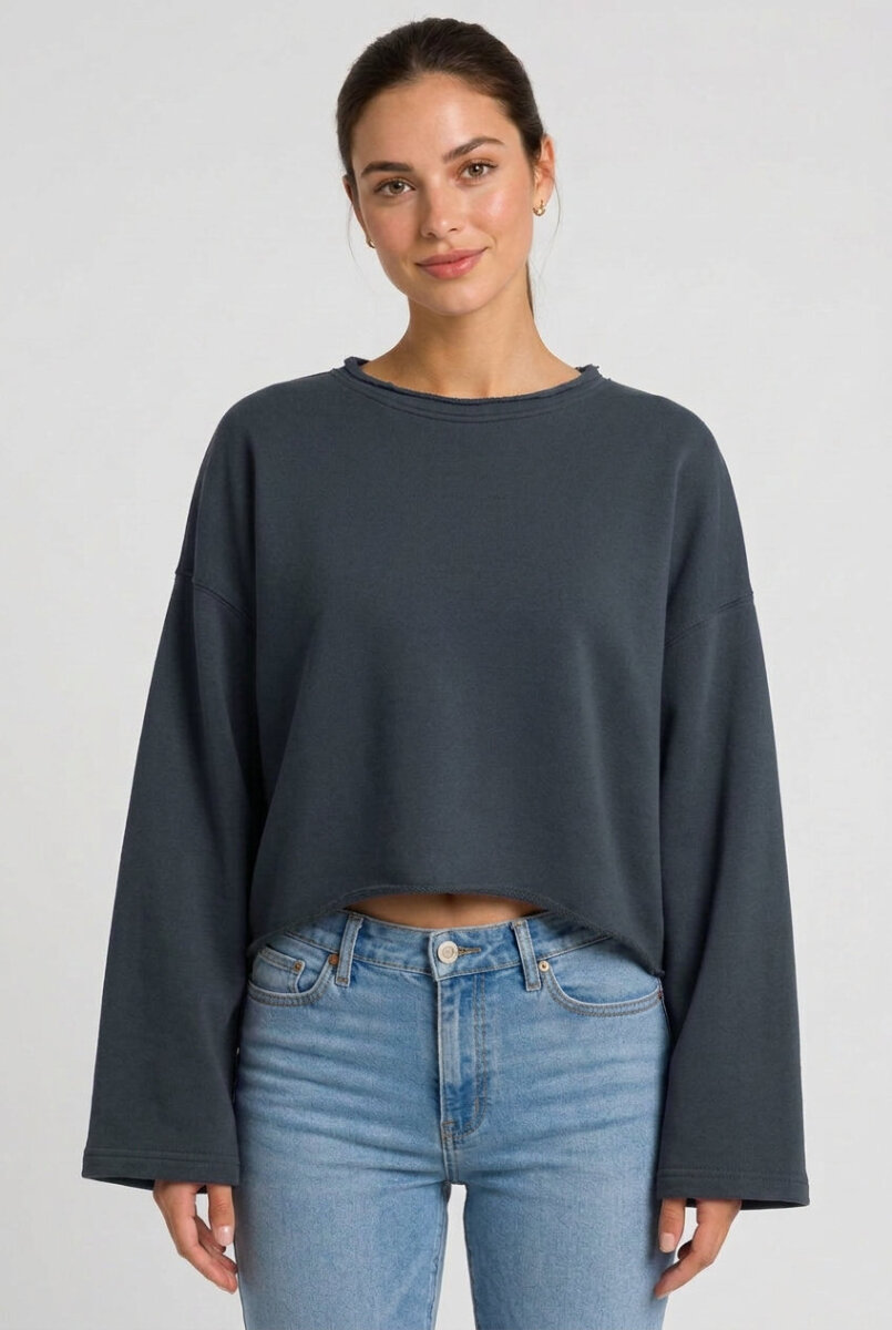 Kadın Oversize Crop Sweatshirt %100 Pamuk - Tek Beden - Füme - 