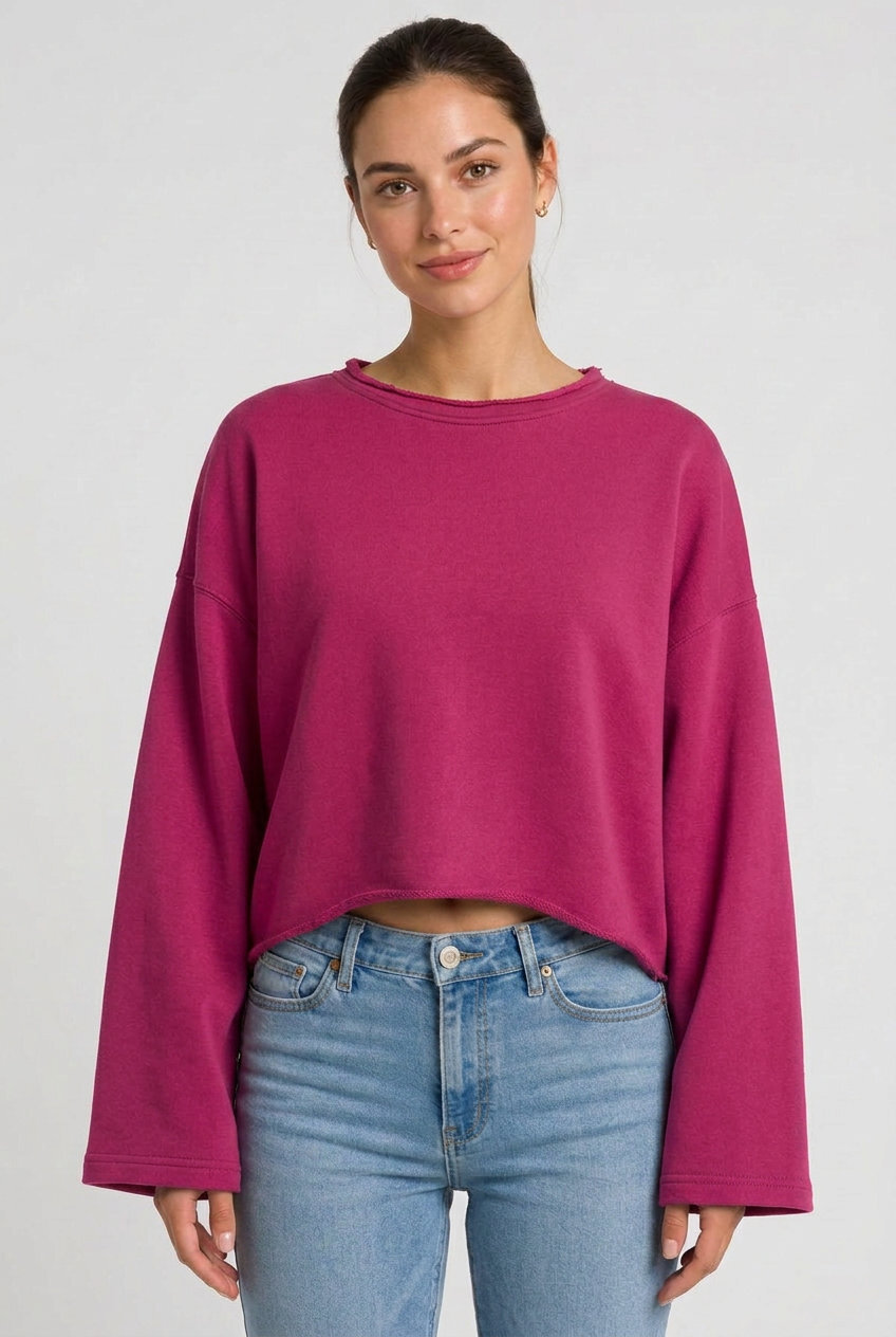 Kadın Oversize Crop Sweatshirt %100 Pamuk - Tek Beden - Fuşya - 
