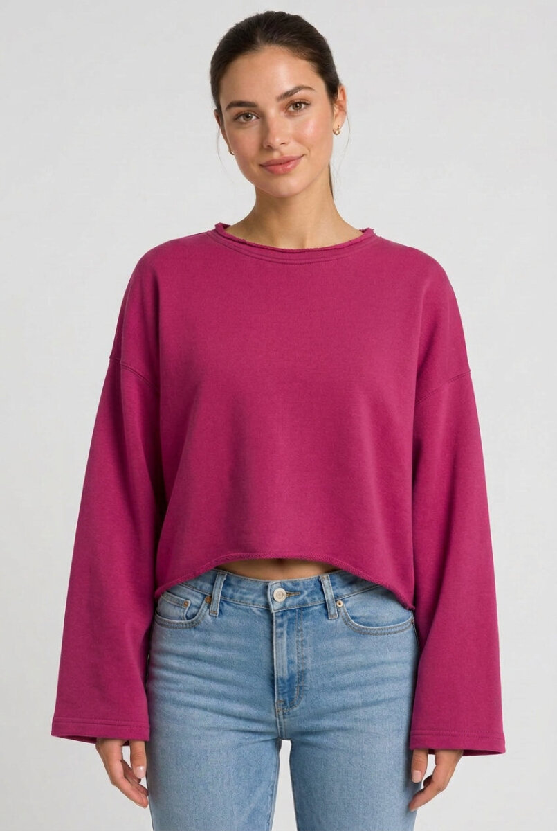 Kadın Oversize Crop Sweatshirt %100 Pamuk - Tek Beden - Fuşya - 