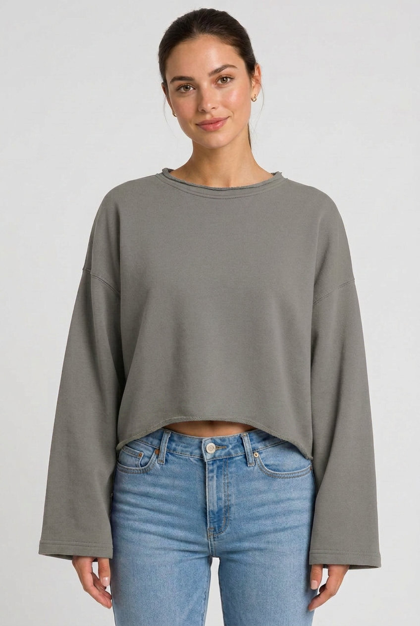 Kadın Oversize Crop Sweatshirt %100 Pamuk - Tek Beden - Gri - 