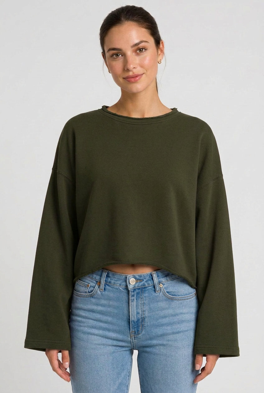 Kadın Oversize Crop Sweatshirt %100 Pamuk - Tek Beden - Haki Yeşili - 