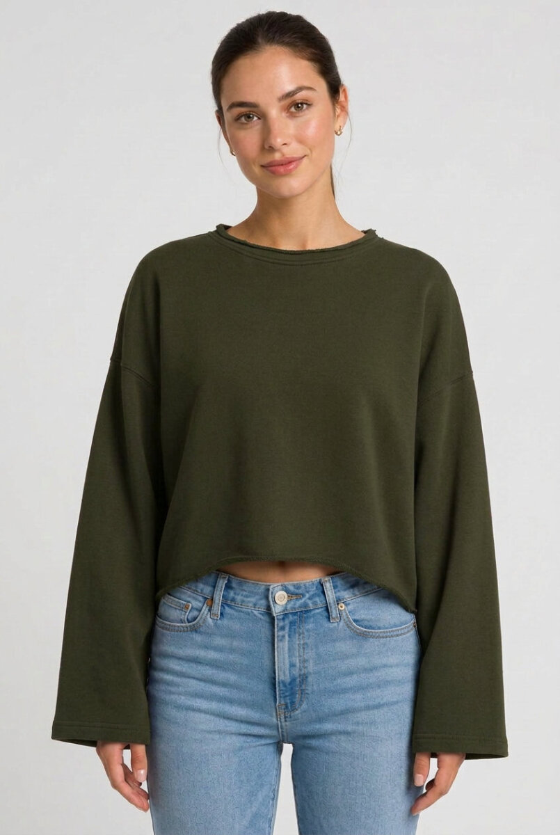 Kadın Oversize Crop Sweatshirt %100 Pamuk - Tek Beden - Haki Yeşili - 