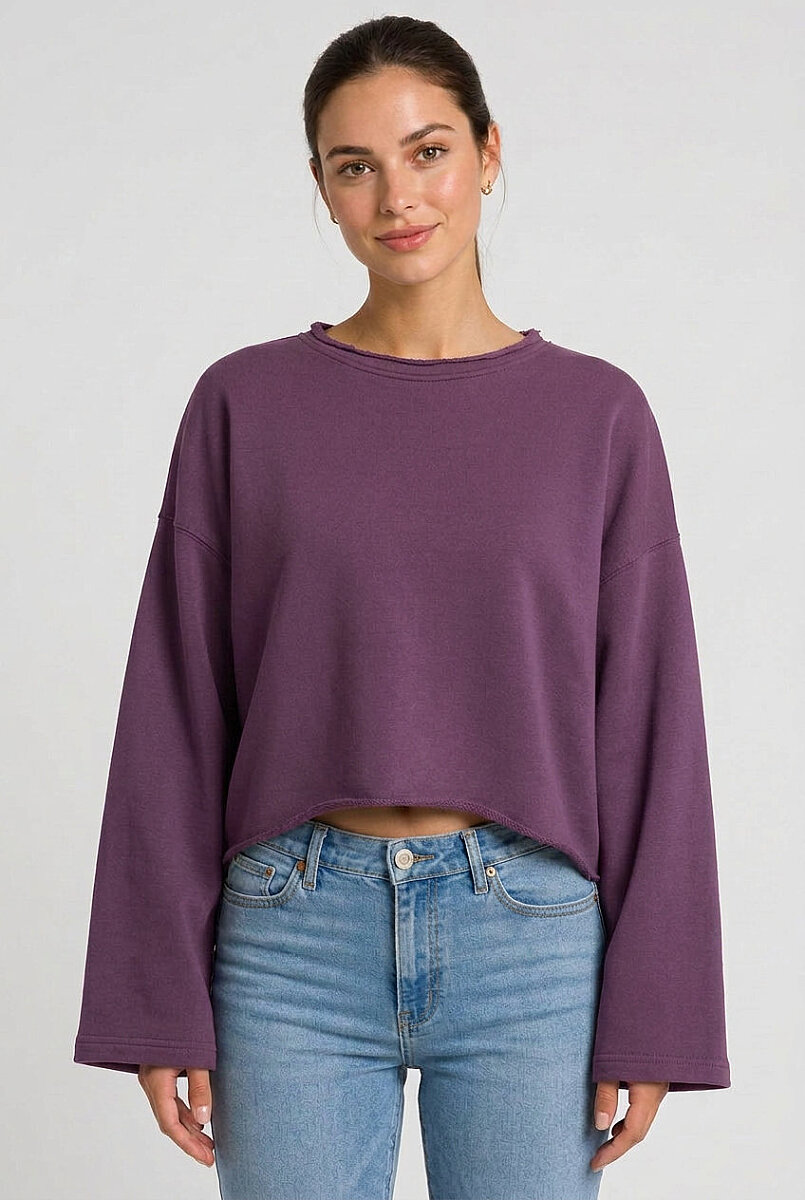 Kadın Oversize Crop Sweatshirt %100 Pamuk - Tek Beden Mor