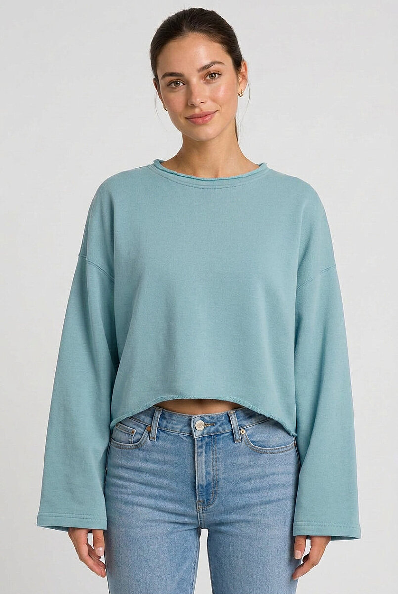 Kadın Oversize Crop Sweatshirt %100 Pamuk - Tek Beden Su Yeşili