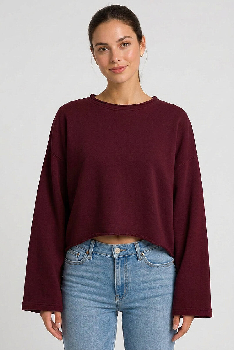 Kadın Oversize Crop Sweatshirt %100 Pamuk - Tek Beden Bordo
