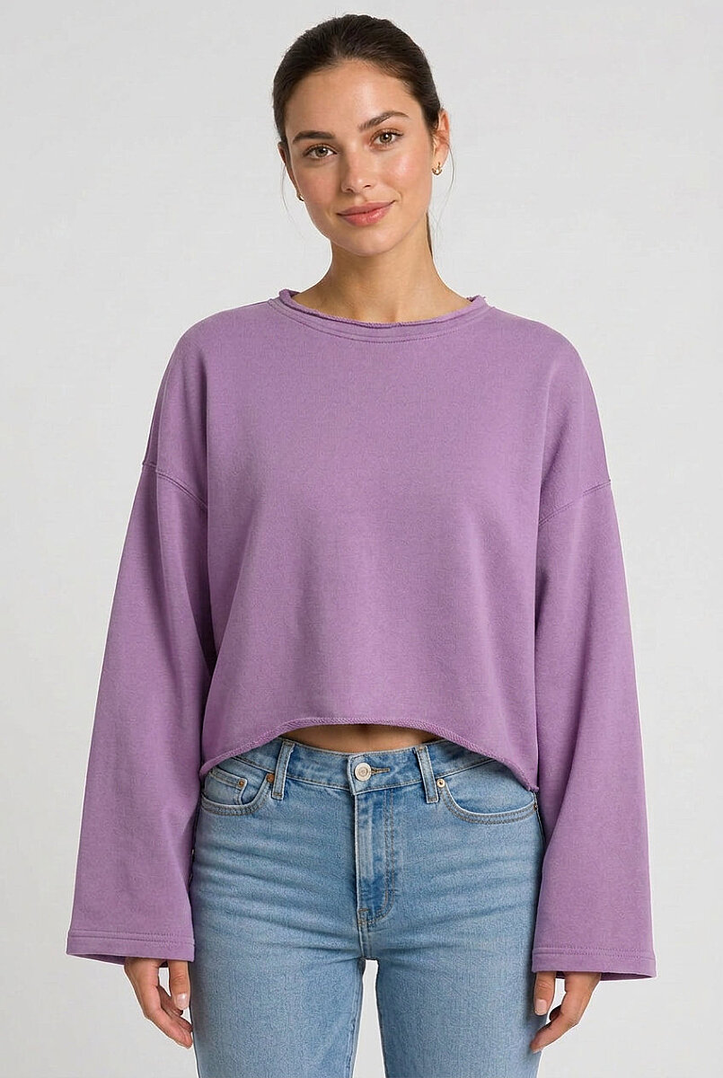 Kadın Oversize Crop Sweatshirt %100 Pamuk - Tek Beden Lila