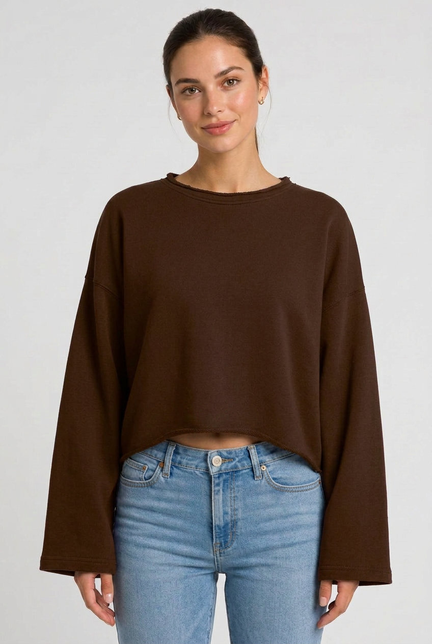 Kadın Oversize Crop Sweatshirt %100 Pamuk - Tek Beden - Kahverengi - 