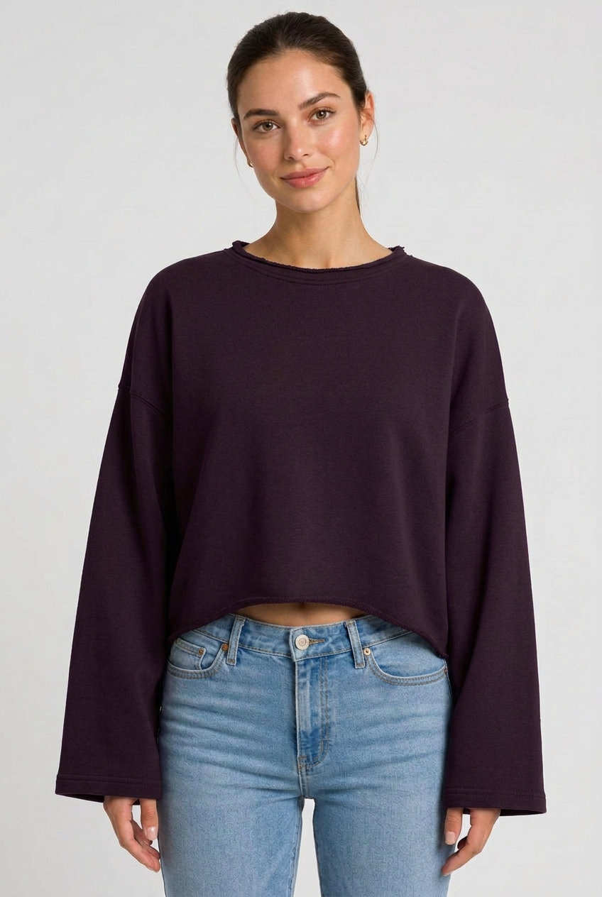 Kadın Oversize Crop Sweatshirt %100 Pamuk - Tek Beden - Koyu Mor - 
