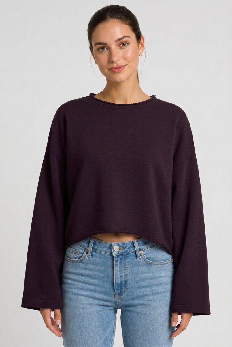 Kadın Oversize Crop Sweatshirt %100 Pamuk - Tek Beden - Koyu Mor - 