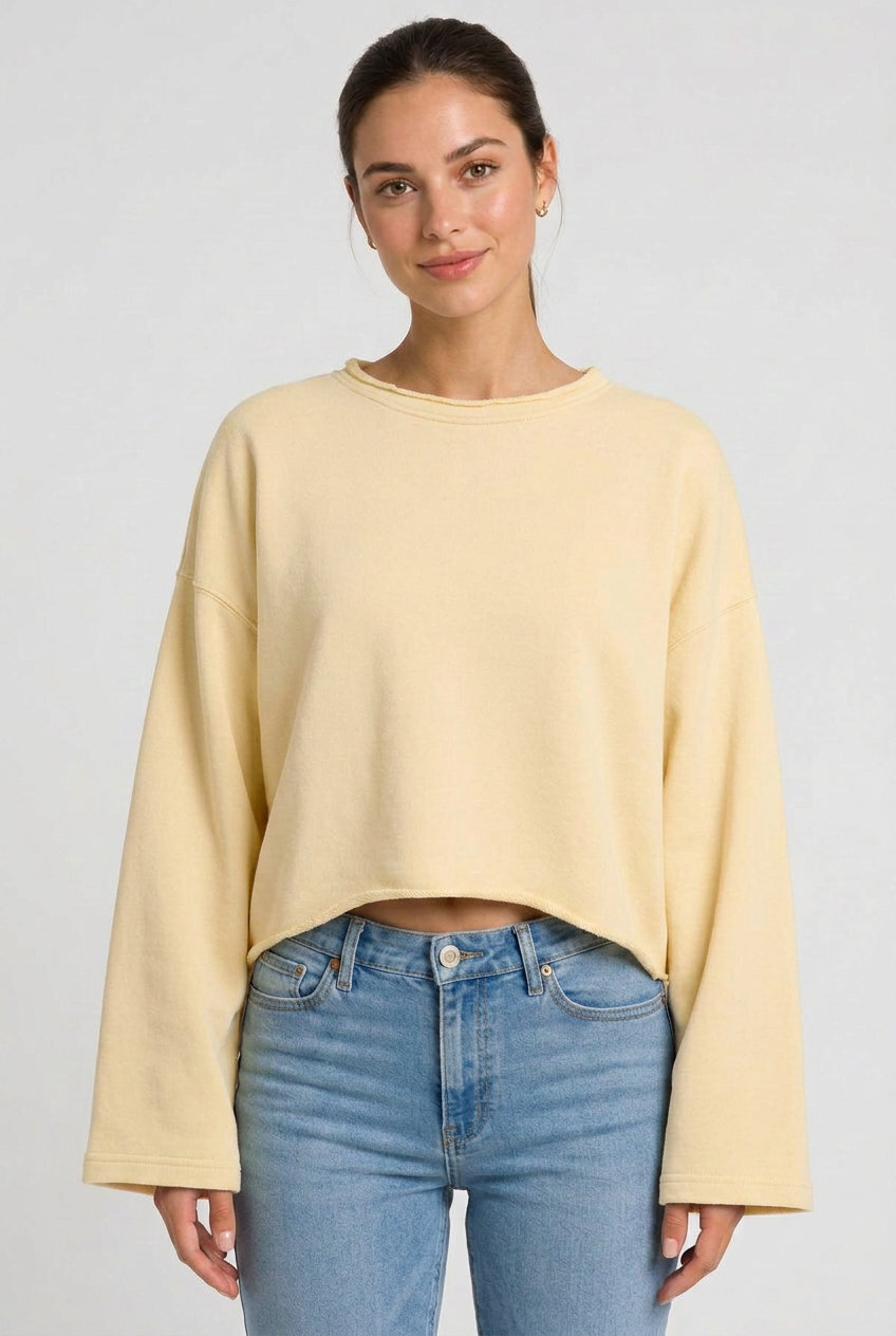 Kadın Oversize Crop Sweatshirt %100 Pamuk - Tek Beden - Krem - 