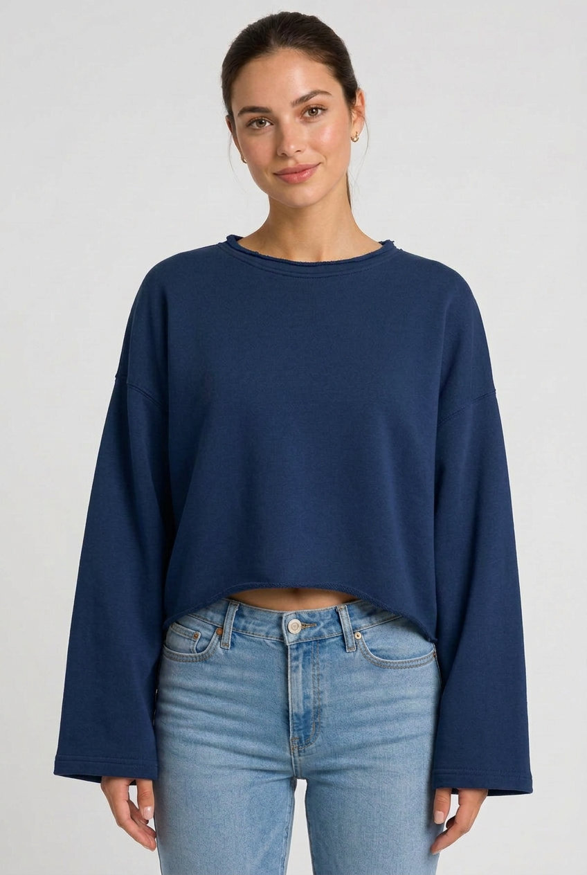 Kadın Oversize Crop Sweatshirt %100 Pamuk - Tek Beden - Lacivert - 