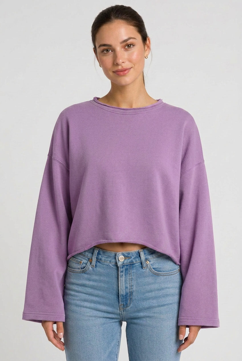 Kadın Oversize Crop Sweatshirt %100 Pamuk - Tek Beden - Lila - 