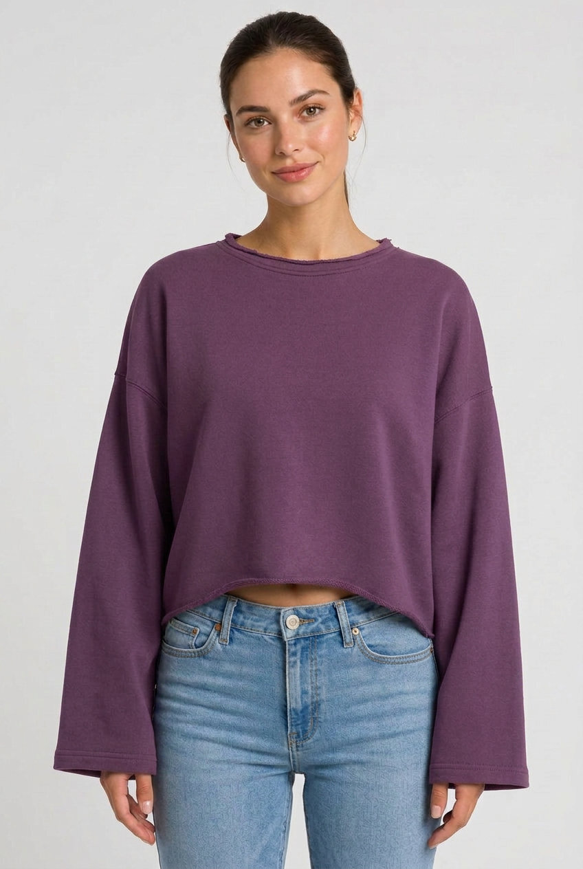 Kadın Oversize Crop Sweatshirt %100 Pamuk - Tek Beden - Mor - 