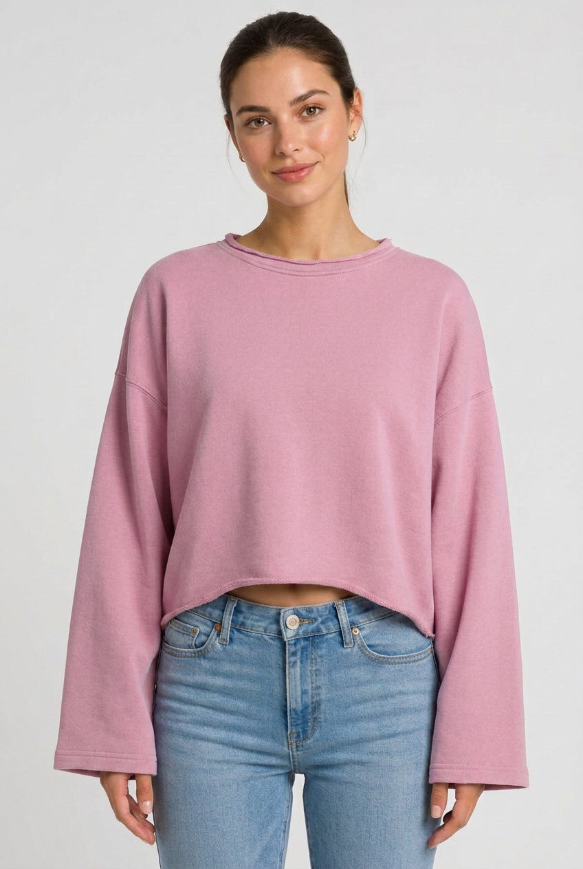 Kadın Oversize Crop Sweatshirt %100 Pamuk - Tek Beden - Pembe - 