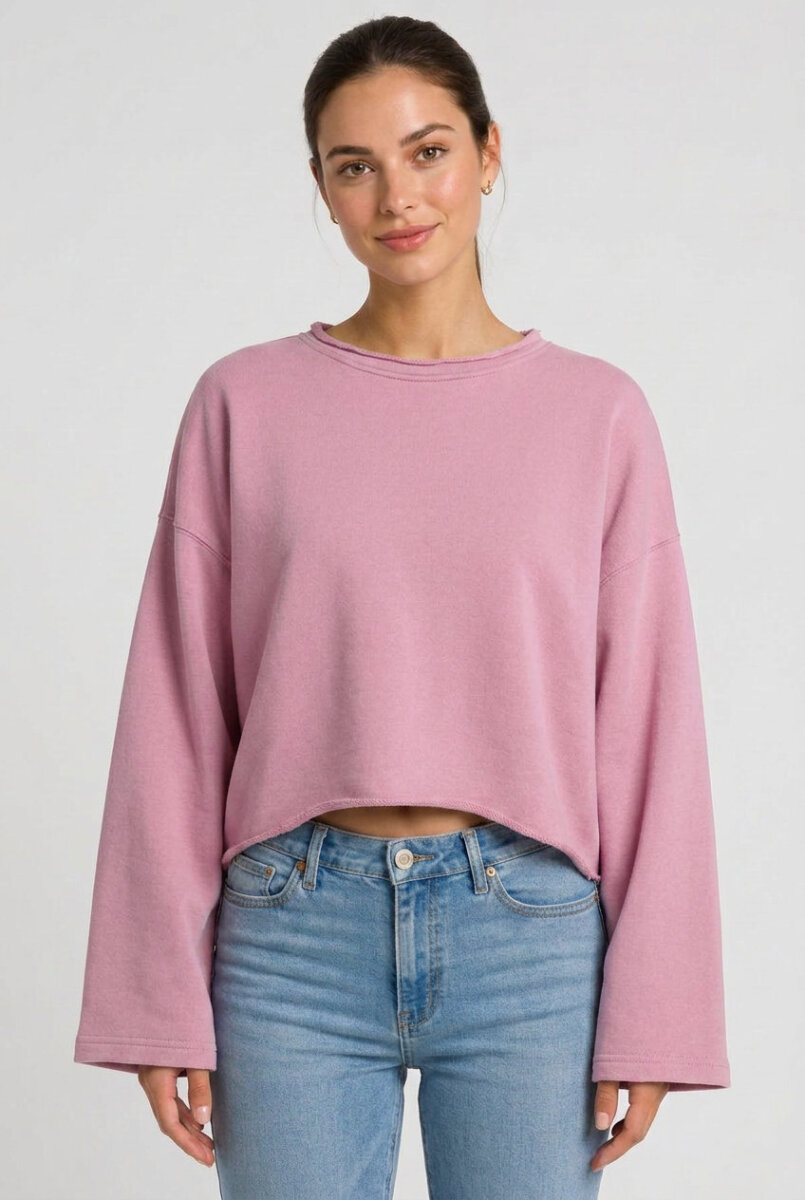 Kadın Oversize Crop Sweatshirt %100 Pamuk - Tek Beden - Pembe - 