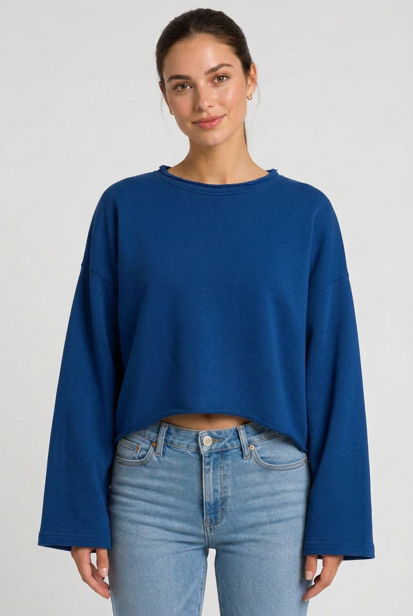 Kadın Oversize Crop Sweatshirt %100 Pamuk - Tek Beden - Saks Mavi - 