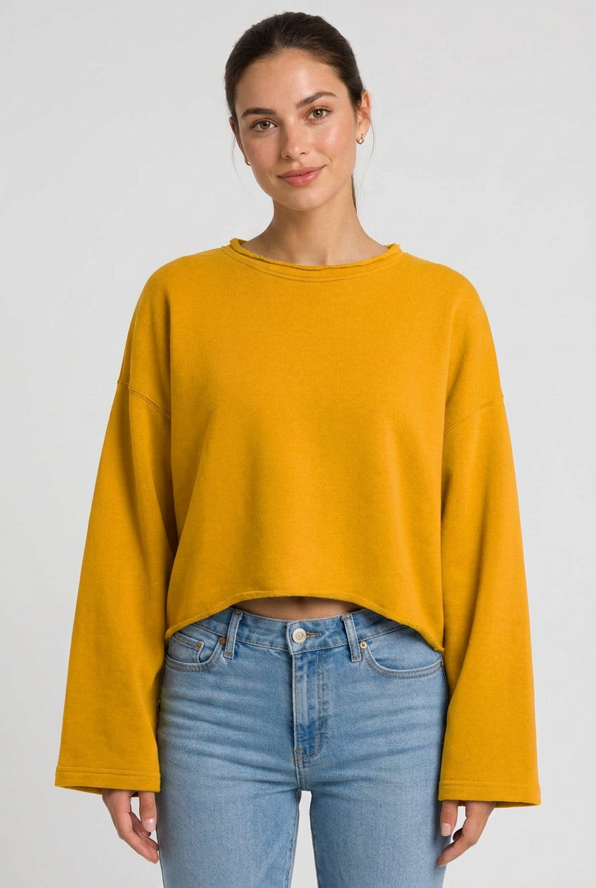 Kadın Oversize Crop Sweatshirt %100 Pamuk - Tek Beden - Sarı - 