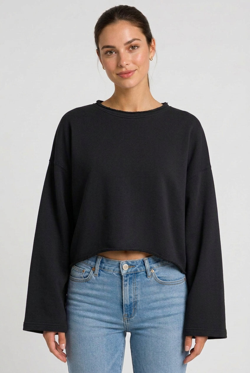 Kadın Oversize Crop Sweatshirt %100 Pamuk - Tek Beden - Siyah - 