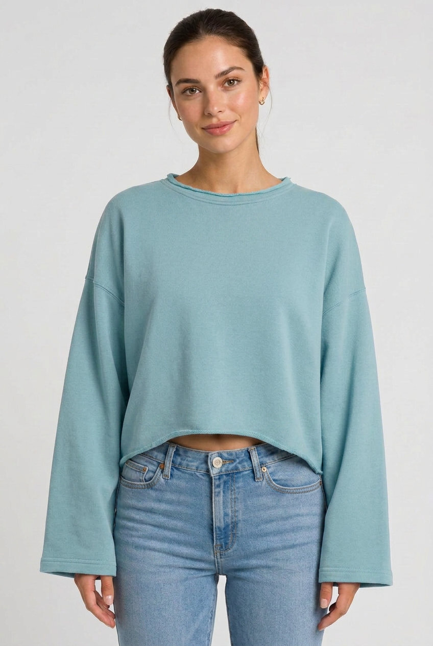 Kadın Oversize Crop Sweatshirt %100 Pamuk - Tek Beden - Su Yeşili - 