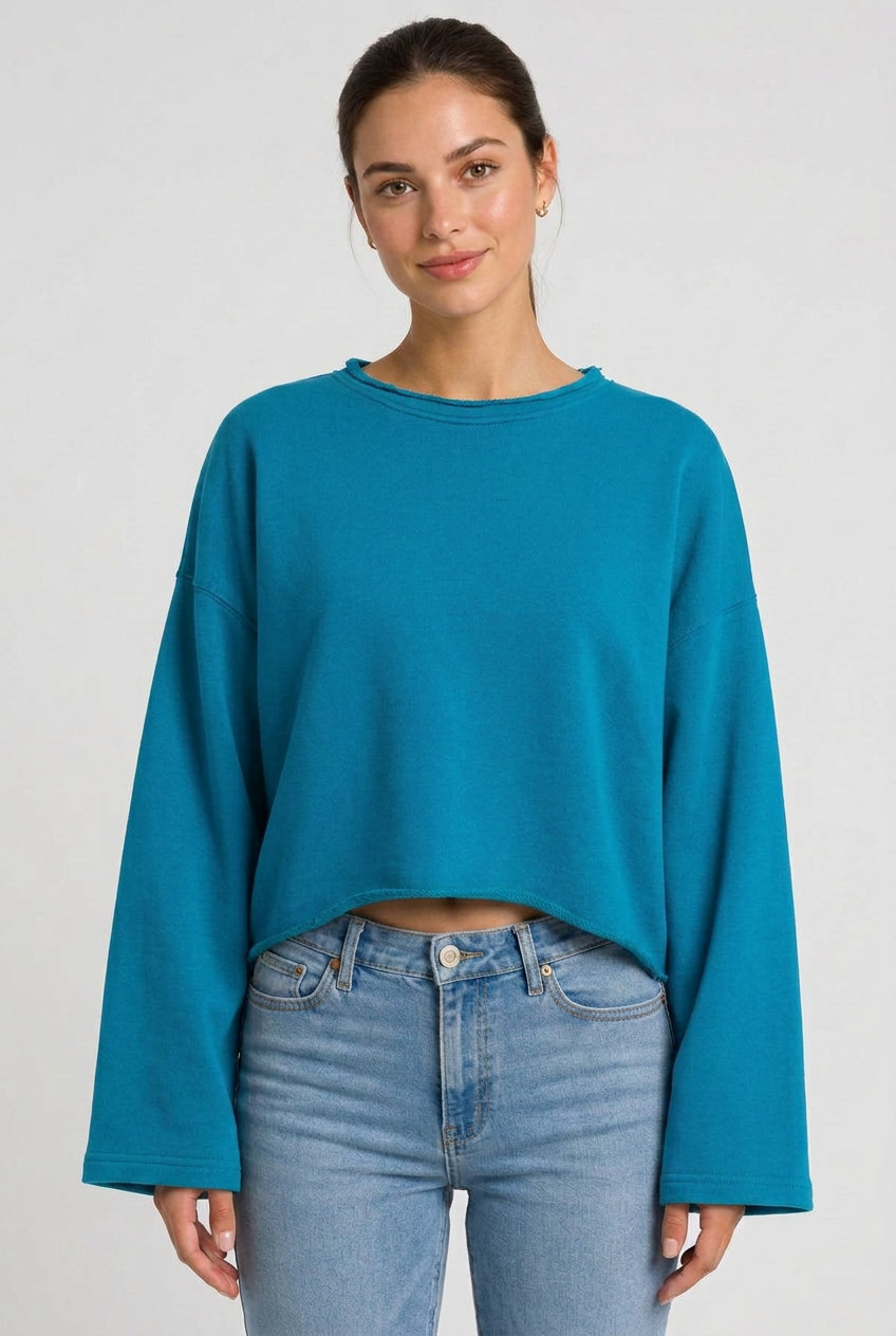 Kadın Oversize Crop Sweatshirt %100 Pamuk - Tek Beden - Turkuaz - 