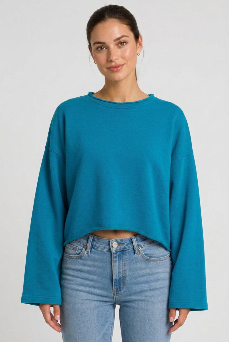 Kadın Oversize Crop Sweatshirt %100 Pamuk - Tek Beden - Turkuaz - 