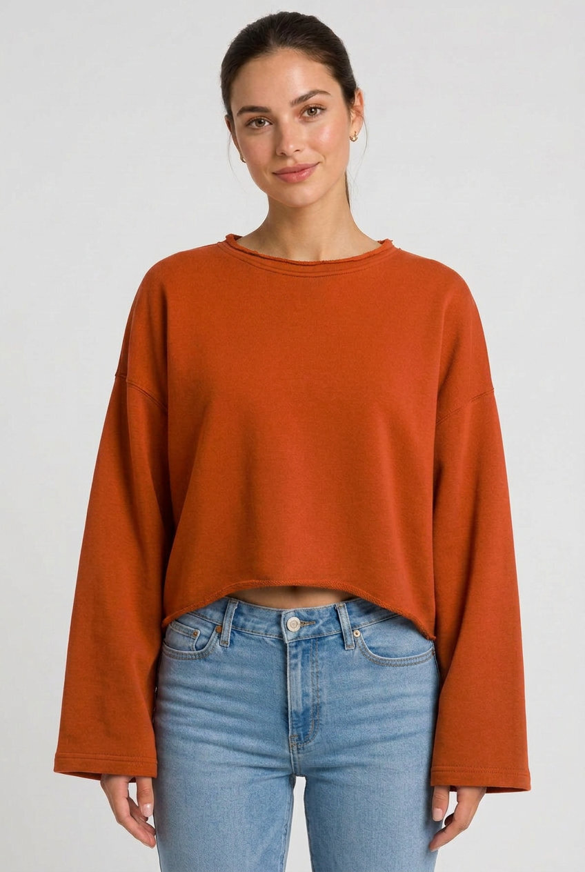 Kadın Oversize Crop Sweatshirt %100 Pamuk - Tek Beden - Turuncu - 