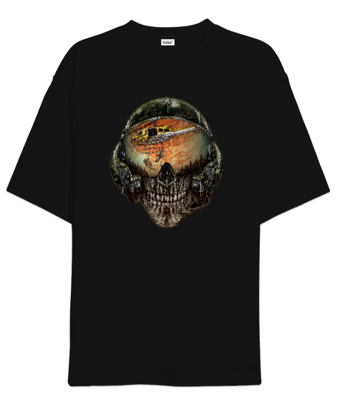 Tisho - Kafatası Pilot - Skull Siyah Oversize Unisex Tişört