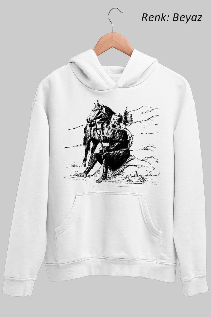 Tisho - Kafkasya At ve Adam Figürlü Çizim Unisex Kapüşonlu Sweatshirt